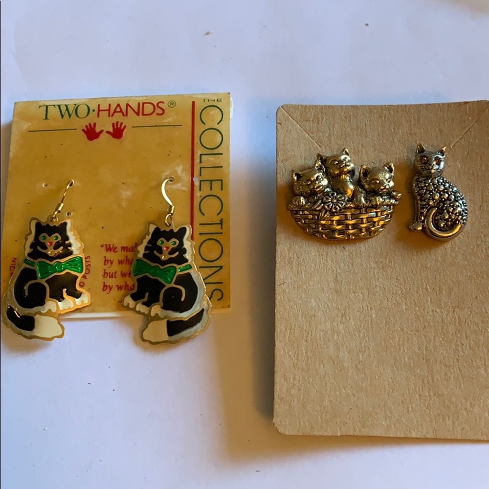 Cute Cat Jewelry Collection: Earrings and two pins